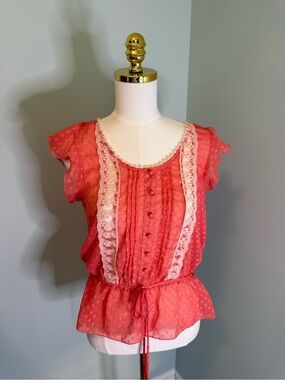 Geri C. Boho Sheer Swiss Dot Blouse Red Coral Lace Trim‎ Peplum Drawstring M